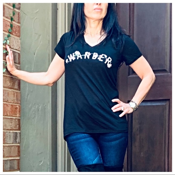 Black V neck Wander graphic Tee - Picture 7 of 8